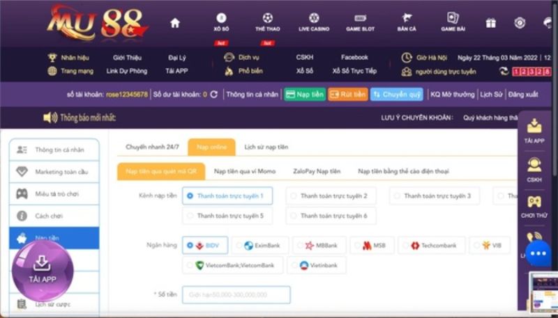 Hình thức nạp rút tiền Mu88 phổ biến 